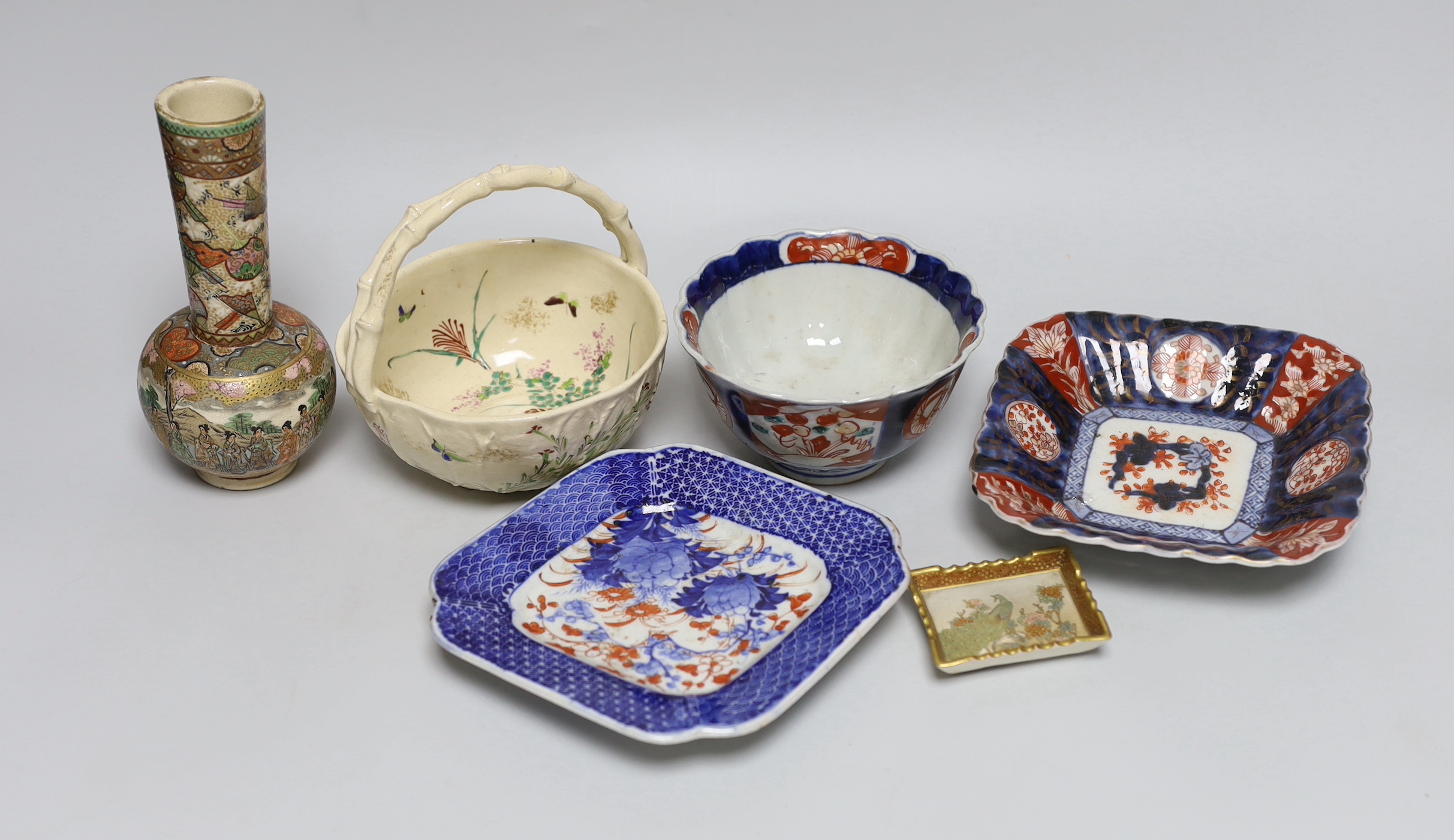 A group of Japanese ceramics including a fine Satsuma pottery miniature rectangular dish, signed, 6.3cm signed, Imari etc
